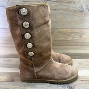 UGG Low Pro Button Fold Over Boots Womens 9 Chestnut Suede Y2K Cozy Mid Calf